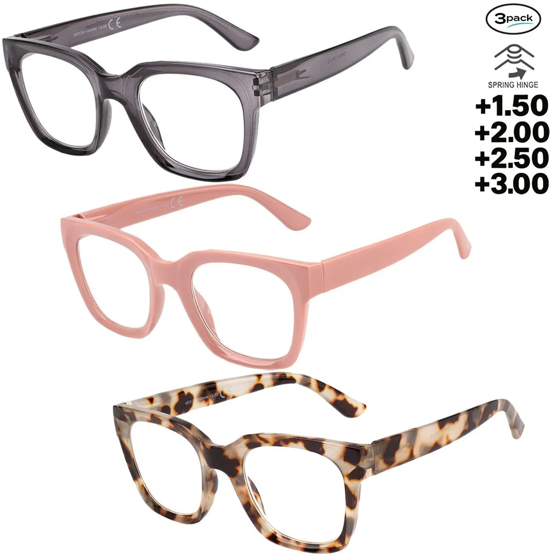 3 Pack Reading Glasses Women Blue Light Blocking Computer Square Readers 3